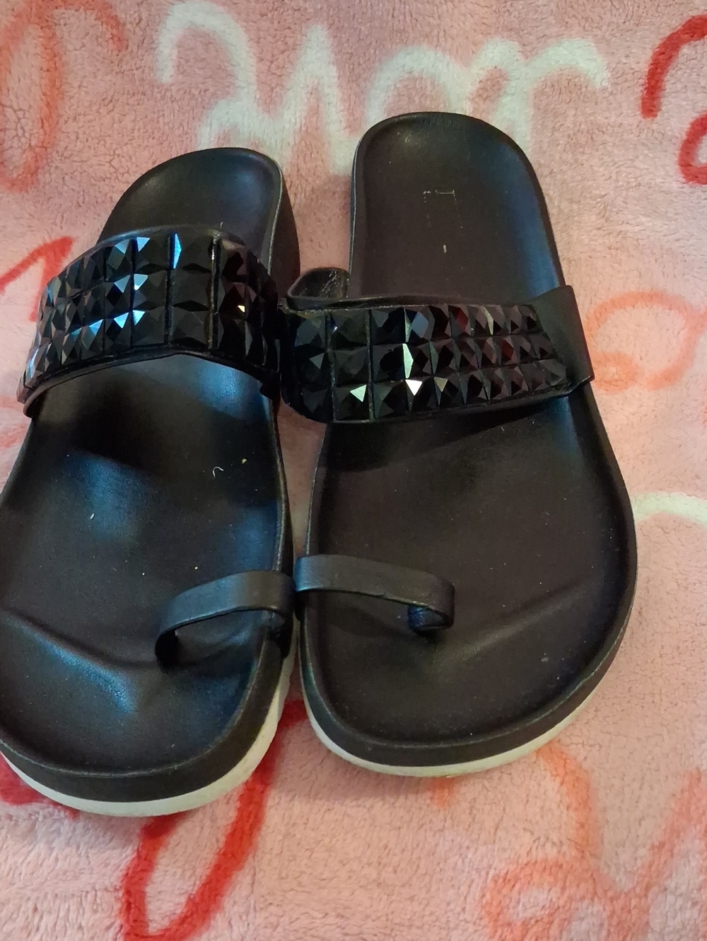 Black Studded Italian Leather Slide Sandals for Women.